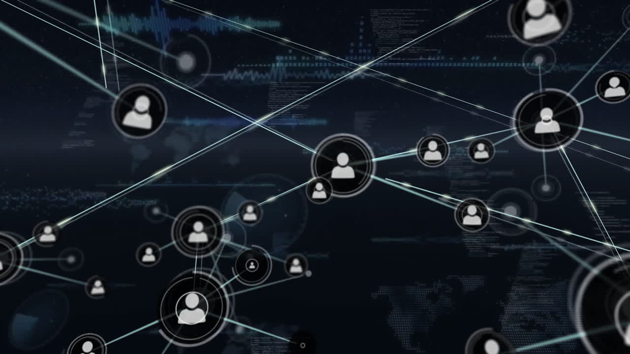 Animation of network of connections with icons and data processing