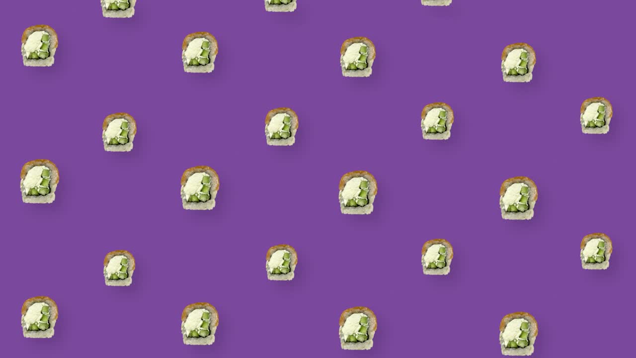 보라색 배경에 일본 수시 롤의 다채로운 패턴, 수시와 함께 원활한 패턴, 필라델피아 롤,  뷰, 현실적인 애니메이션, 4k 비디오 모션