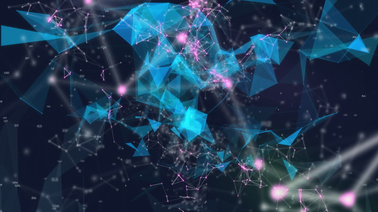 Animation of qr code over navy background with shapes