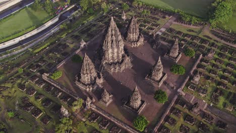 largest hindu temple in indonesia during sunrise with no people, aerial