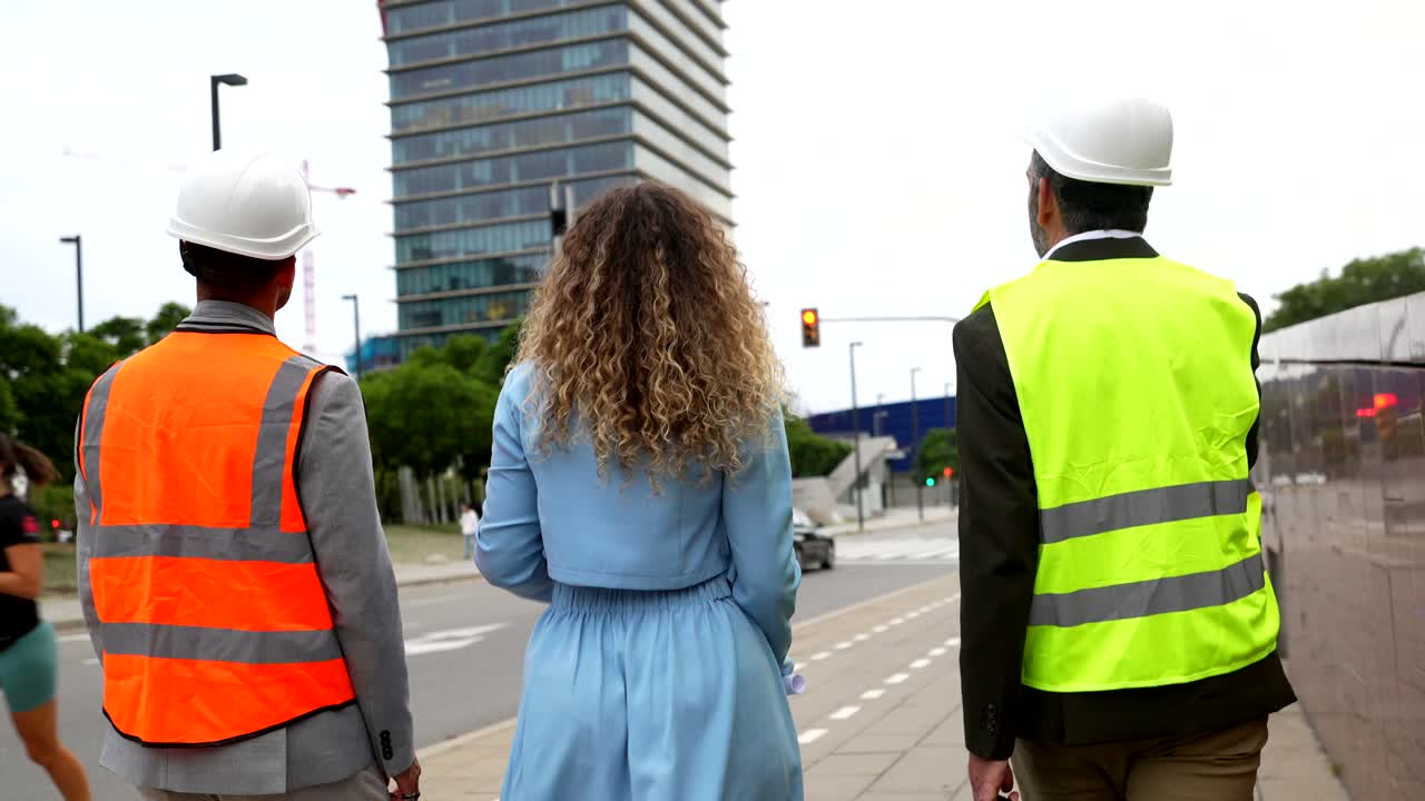 Trabalhadores da construção civil e engenheiros em um ambiente urbano