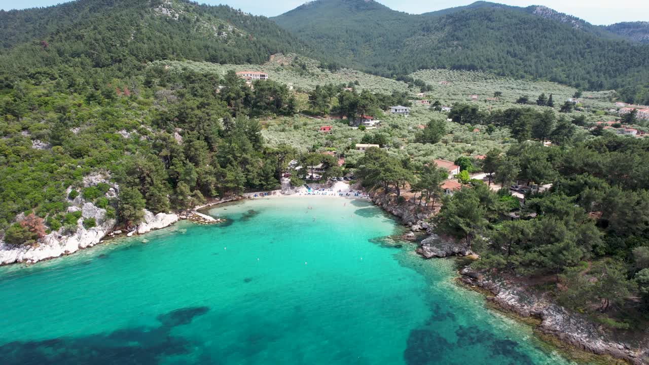 Panoramic View Of Glifoneri Beach, Crystal Clear Water, White Sand And Green Trees, Thassos Island, Greece, Europe
