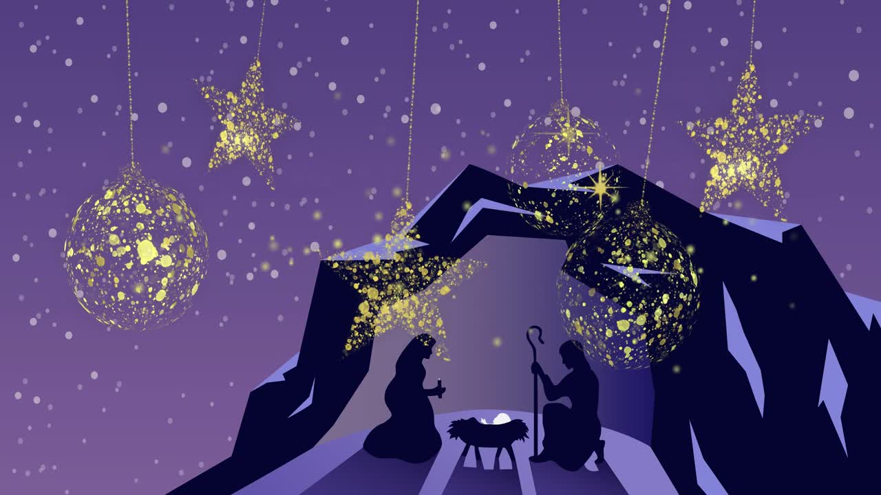 Animazione di palline e stelle di Natale dorate su una sagoma di presepe su sfondo viola