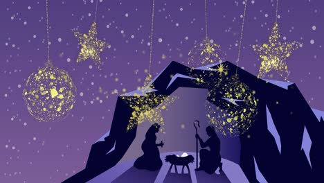 Animation-of-gold-christmas-baubles-and-stars-over-silhouette-nativity-scene-on-purple-background