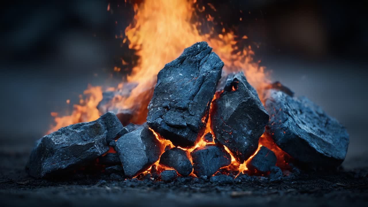 Ein faszinierendes Schauspiel eines lodernden Feuers, das Wärme inmitten glühender Kohlen ausstrahlt und helle orangefarbene Flammen zeigt, die zwischen felsiger Holzkohle tanzen und eine fesselnde Atmosphäre schaffen.