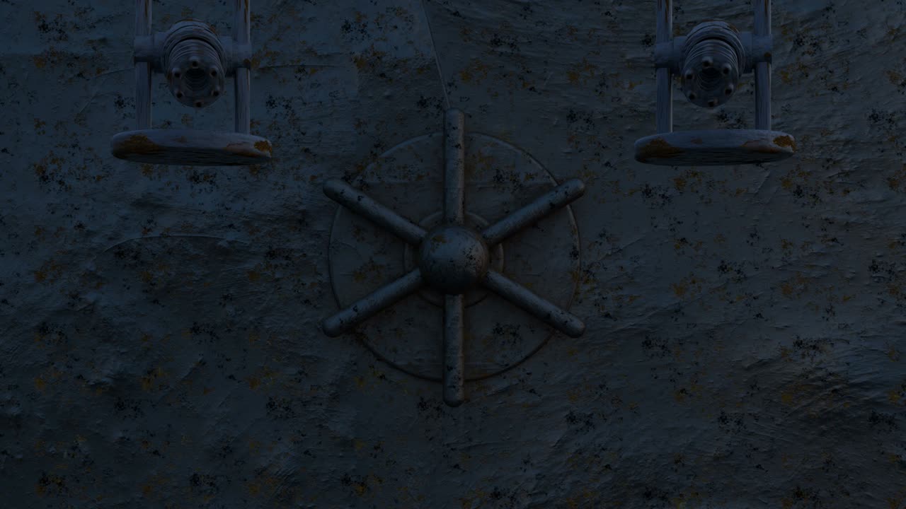 철의 녹은 게이트웨이를 닫는 3d 애니메이션, 오토 타 (가틀링 기관총) 과 사격, 사이버 보안 시스템 작업 과정, 알파 채널과 함께 미래 기술 추상화.