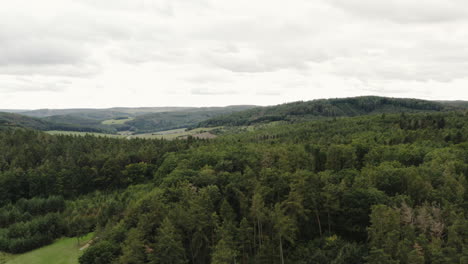 aerial shot of beautiful alpine mountain forest landscape on a cloudy fall day, czech republic