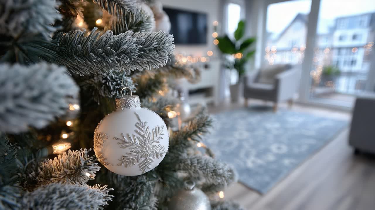 Serene Christmas Scene Featuring a Frosted Tree and Elegant Ornaments, Illuminated by Soft Holiday Lights in a Cozy Indoor Setting