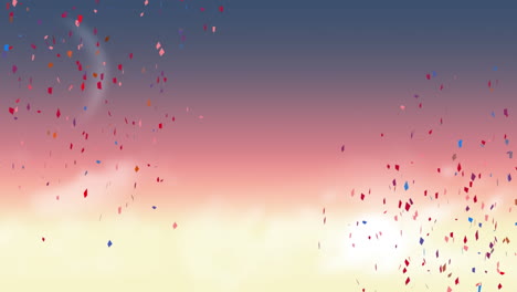 animation of multi coloured confetti falling against glowing sky