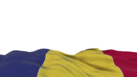 bandera de tela de rumania ondeando en el bucle del viento. bordado rumano costurado estandarte de tela balanceándose en la brisa. fondo blanco medio lleno. lugar para el texto. bucle de 20 segundos.