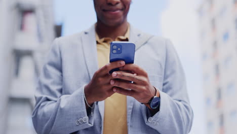 phone, hands and happy black man typing on ui