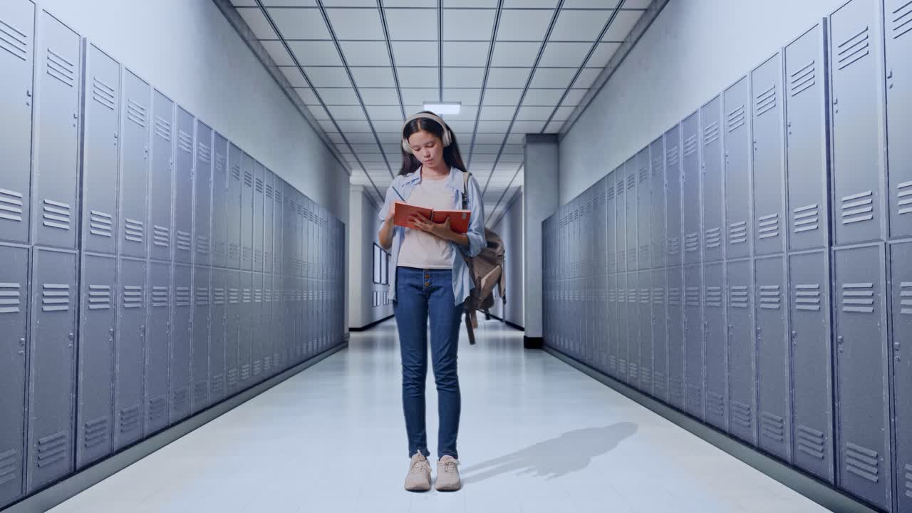 una adolescente estudiando en el pasillo de una escuela