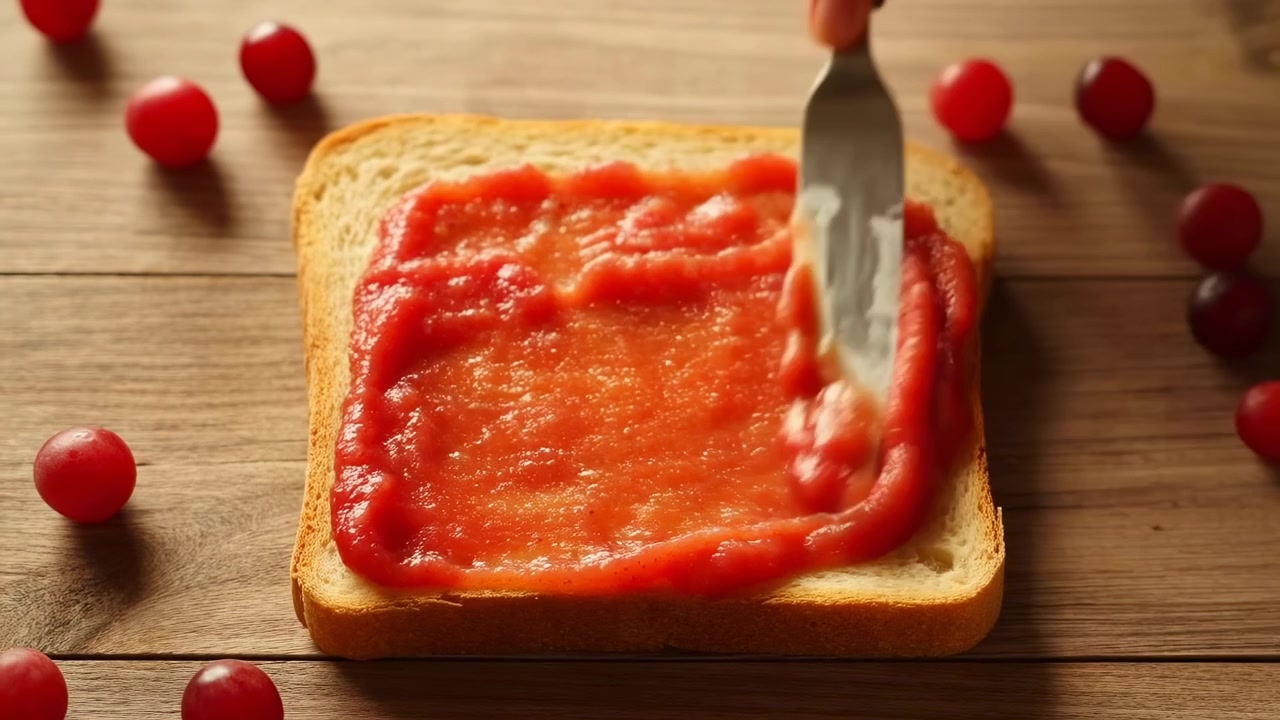 Primo piano che mostra un coltello di metallo che spalma una densa pasta di pomodoro rossa lucida in uno strato uniforme su una fetta di pane bianco per tramezzini, accanto a pomodorini ciliegino sparsi e venature di legno rustico