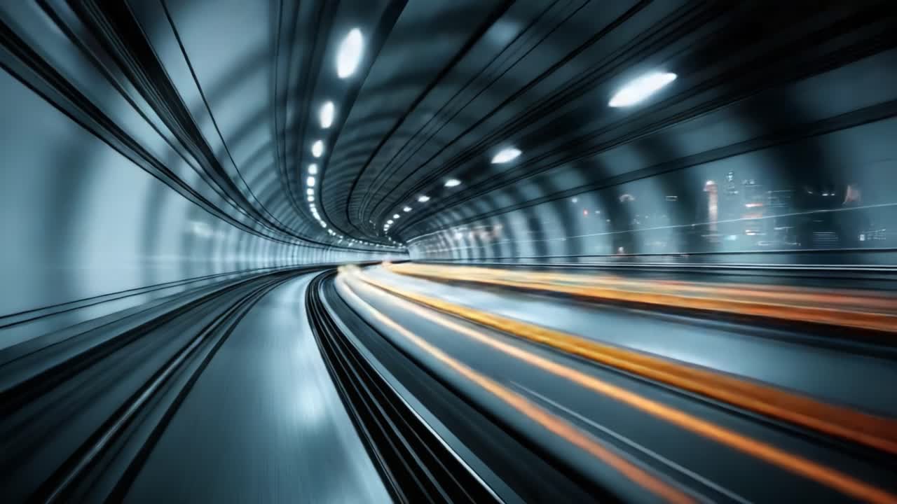 A Dynamic Journey Through an Urban Tunnel: Experience the Visual Flow of Speed and Light as Trains Move Through a Modern, Futuristic Subway System