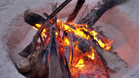 cerca de una hoguera en la playa de arena para acampar