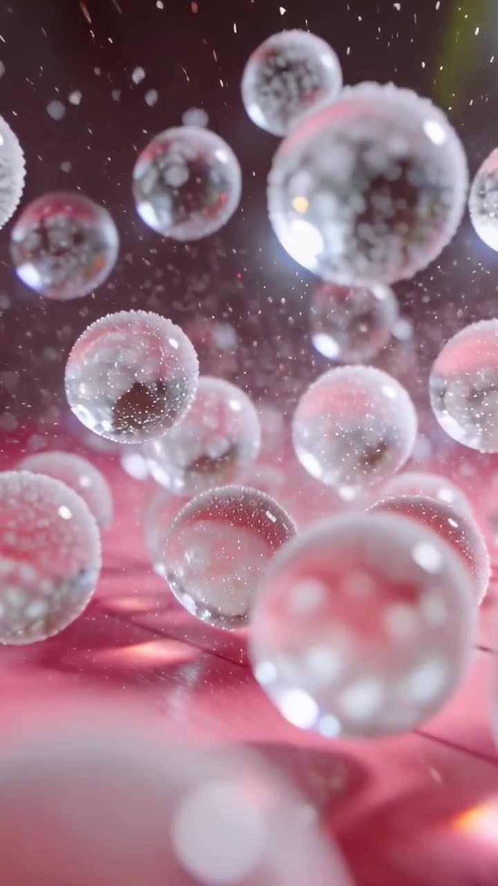 Video verticale: Messa a fuoco che cambia rivelando perle trasparenti che salgono su piastrelle rosa lucide con macchioline bianche.