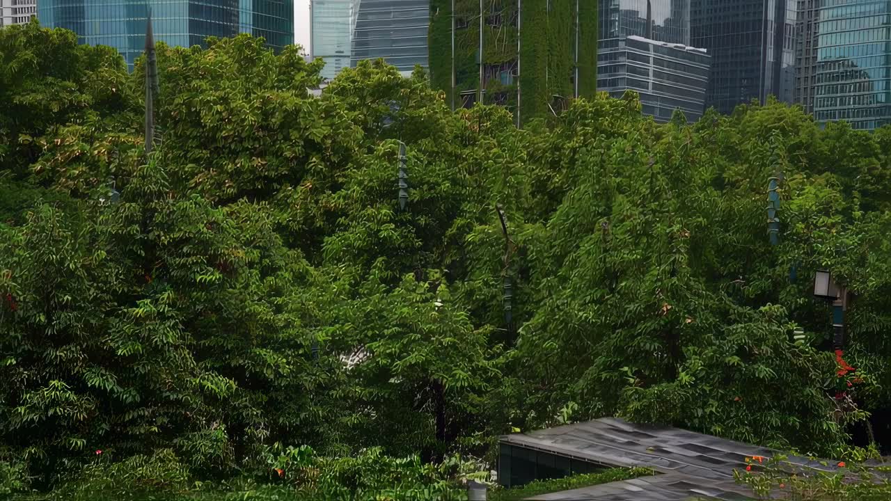 Multiple perspectives showcase a green building seamlessly integrated with nature, emphasizing the harmony between urban development and environmental consciousness