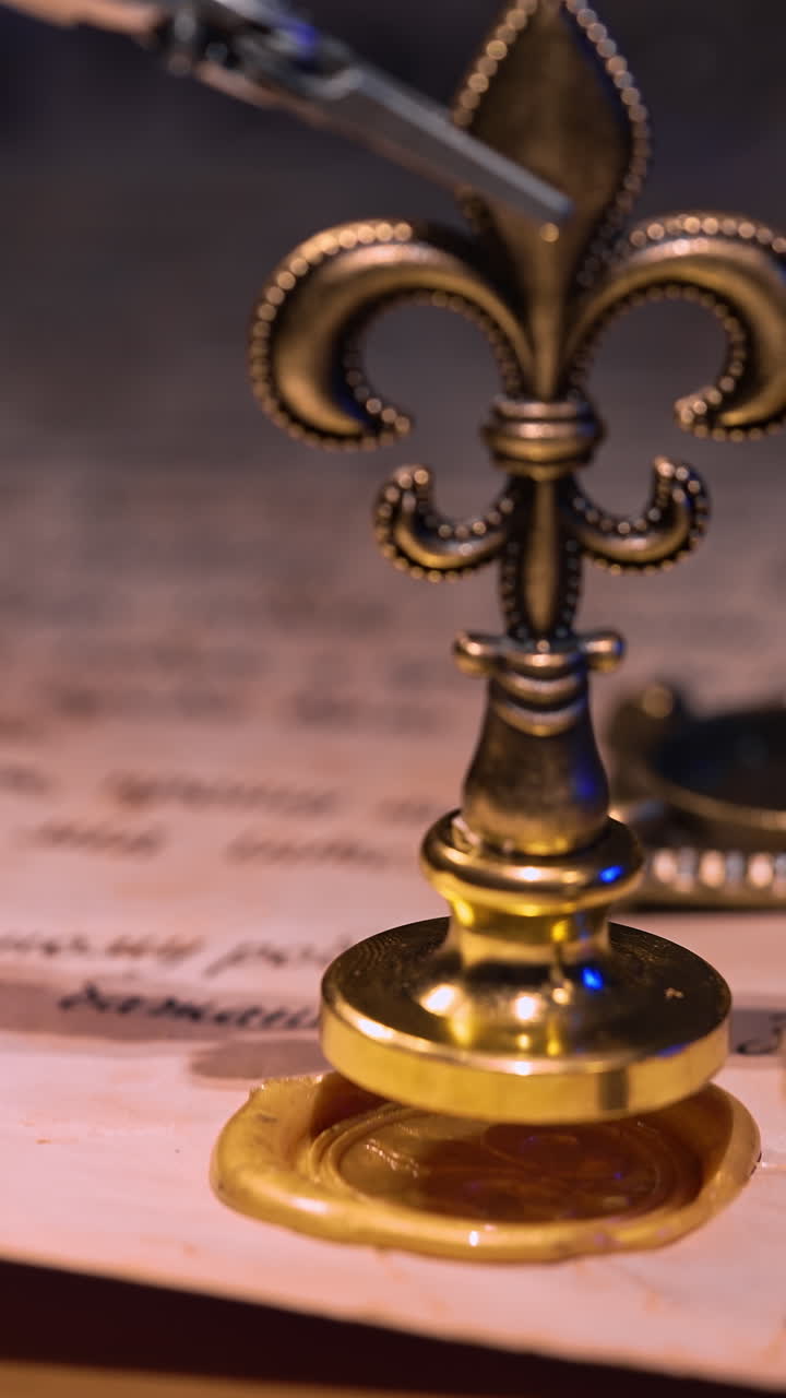 Da Vinci surgical equipment puts a seal with a metal stamp on the letter. Close up. Blurred dark background with switched on lights. Vertical video