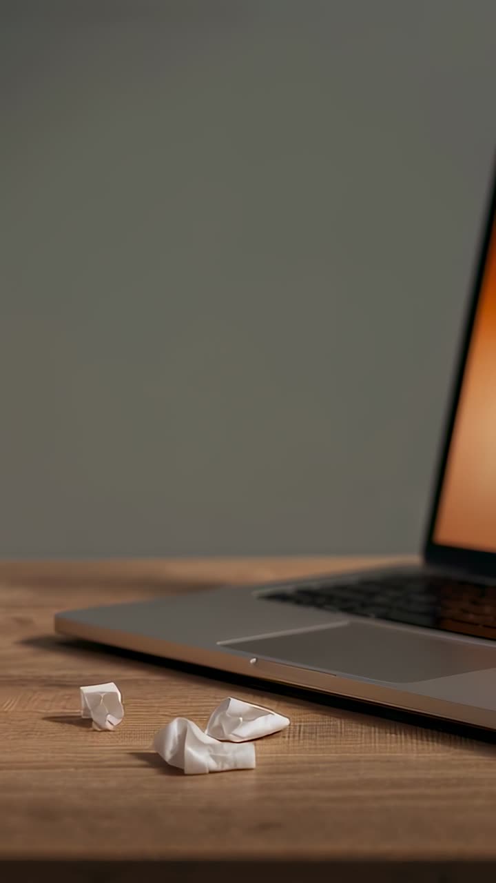 Vertical video: Panning camera revealing laptop while leaving 3 crumpled papers on desk, cup moving