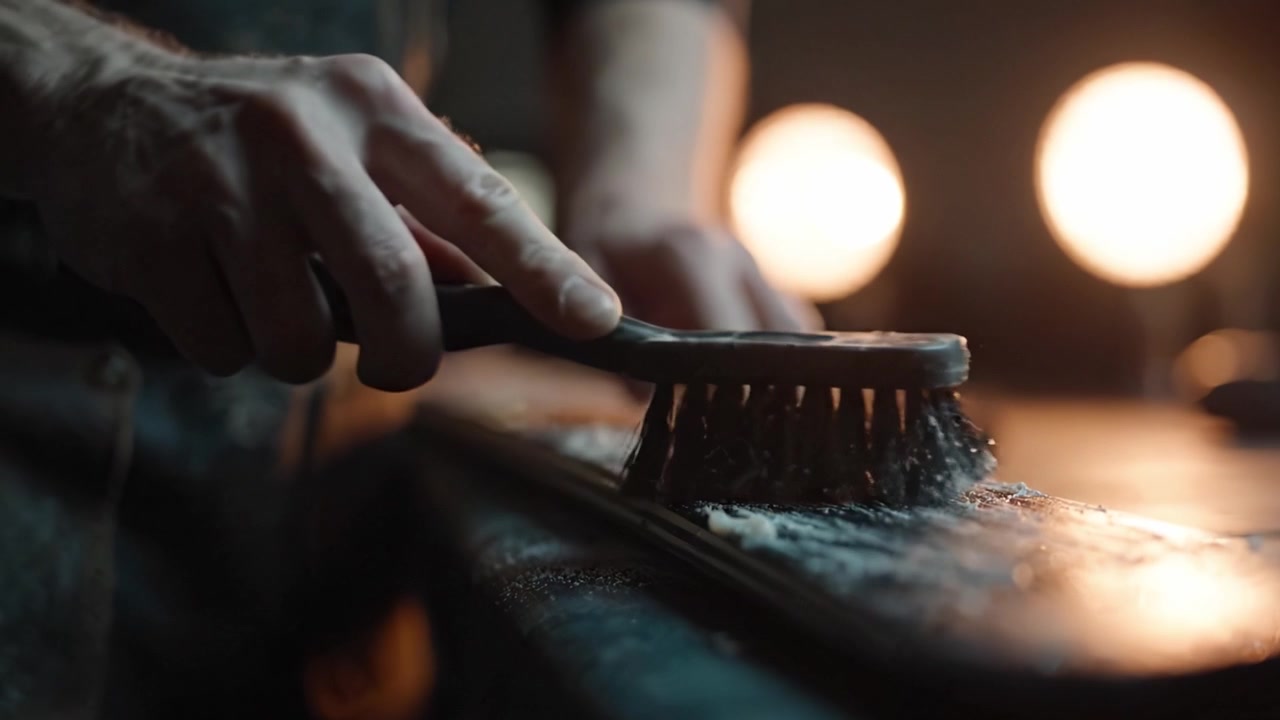 Nahaufnahme geschickter Hände, die feines Puder von einer Oberfläche bürsten, mit weicher Hintergrundbeleuchtung, die den Fokus auf detaillierte Arbeit in einer Handwerksumgebung verstärkt