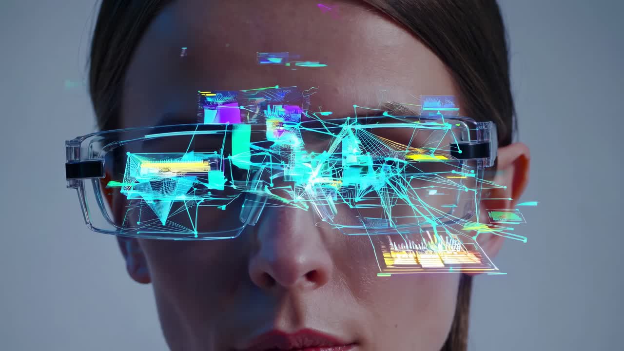 Close-up of futuristic glasses with digital graphics overlay