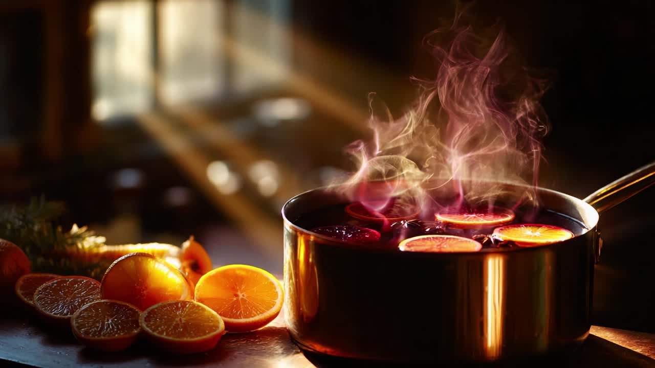A Warm Brew of Citrus: Steaming Pot with Aromatic Orange Slices Emits a Cozy Essence as Sunlight Streams Through, Creating a Serene and Inviting Atmosphere for Comforting Winter Gatherings