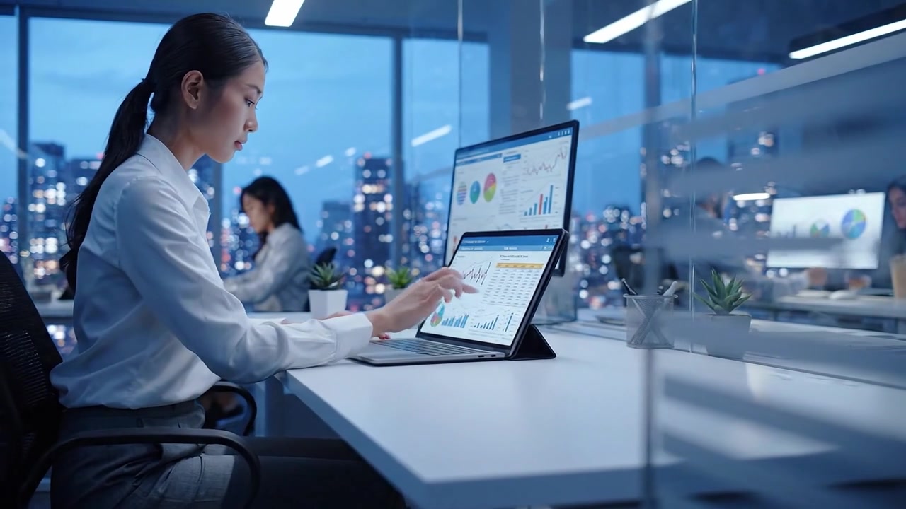 Focused Business Professional Analyzing Data and Charts on Laptop in Modern Office Environment with Cityscape Backdrop During Evening Hours