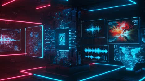 futuristic ai control room with neon displays and high-tech visualizations showcasing data analysis and digital connectivity in a sci-fi environment