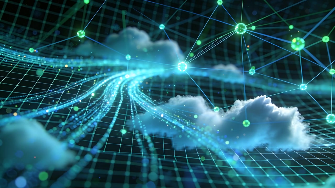 Panning camera showing blue data streams moving over dark grid, indicating cloud and pulsing nodes