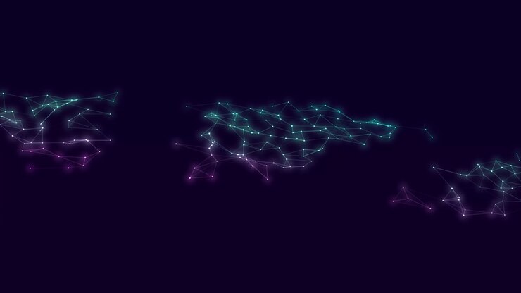 Geometric plexus networks rotate and glow with purple and cyan hues on dark background.