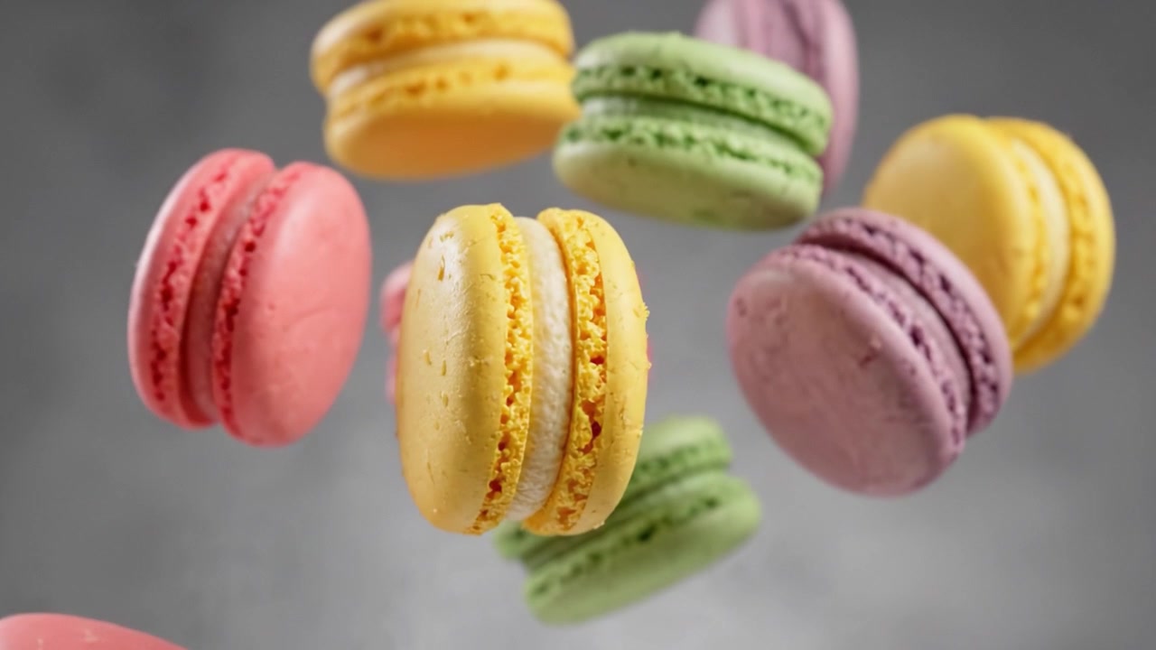 Vibrant Floating Macarons in a Whimsical Display of Colorful Delights, Showcasing an Enticing Array of Flavors and Textures Captured in Mid-Air