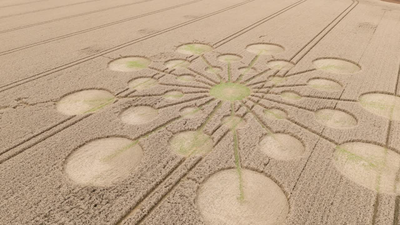 스타버스트 곡물 원형 (starburst crop circle formation) 은 테스트 리 햄프셔 (test valley hampshire) 의 앤도버 (andover) 농장 (agricultural field) 을 향해 내려가는 공중 사진이다.