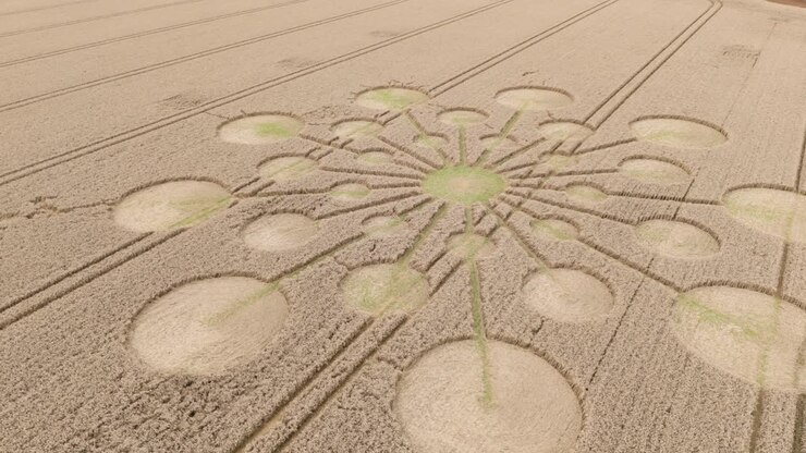 Starburst crop circle formation aerial view descending towards Andover agricultural field in Test valley Hampshire