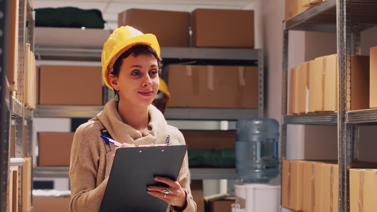 Warehouse workers checking inventory in a storage facility