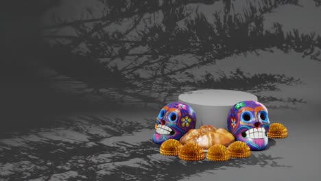 rustling-trees-on-background-with-dia-de-los-muertos-skulls-and-death-bread