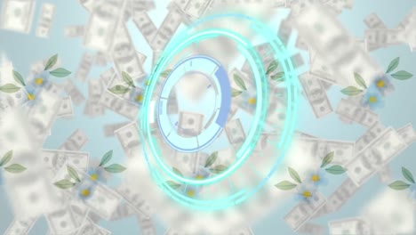 animation american dollar banknotes falling and scope scanning on floral background