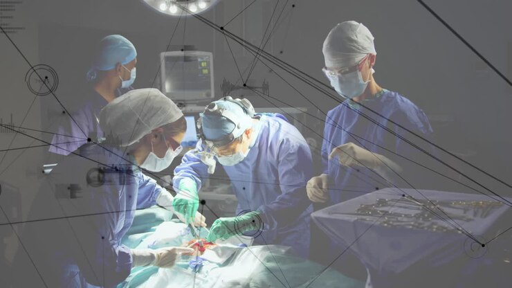 Animation of network of connections and data processing over surgeons in operating theater