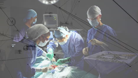 animation of network of connections and data processing over surgeons in operating theater