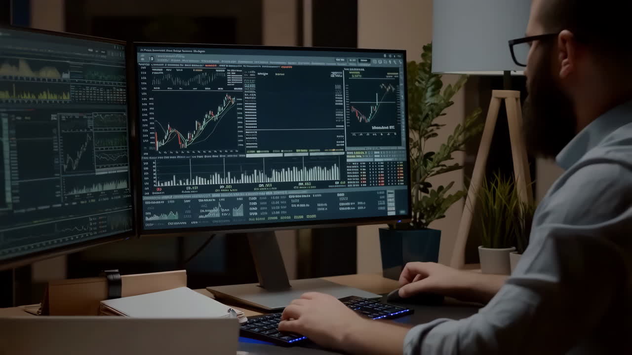 Man analyzing financial data and cryptocurrency on multiple computer screens