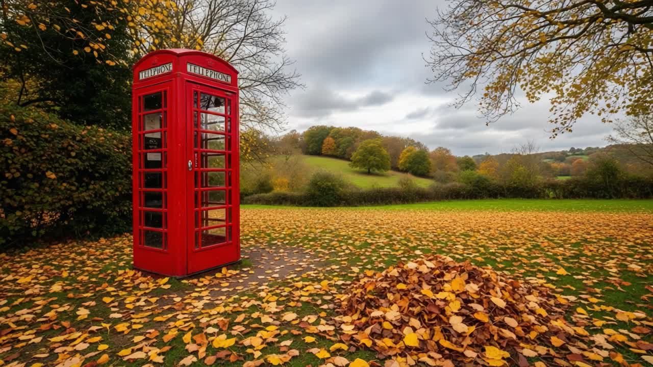 A Vibrant Autumn Scene Featuring a Classic Red Telephone Box Surrounded by Colorful Fallen Leaves in a Picturesque Landscape Under Overcast Skies