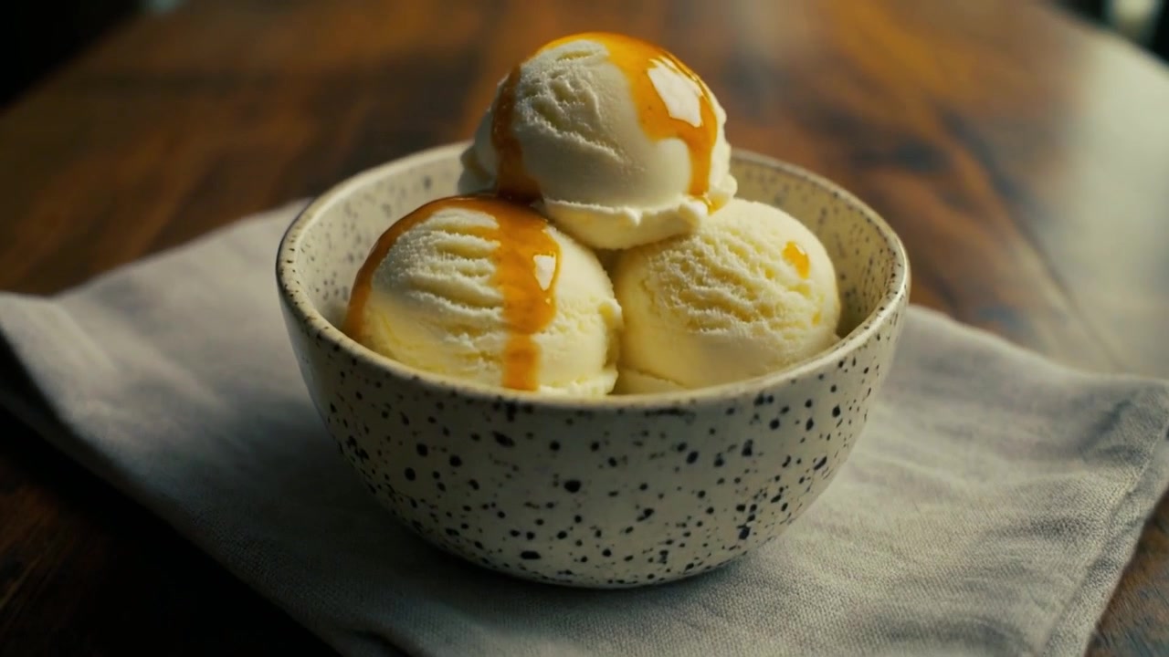 Ciotola di gelato alla vaniglia con salsa al caramello su tavolo di legno