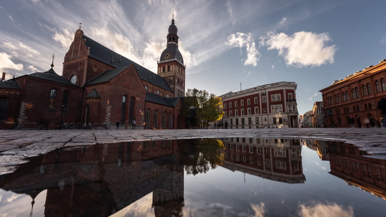 Tallinn Old Town Square with Reflection in a Puddle