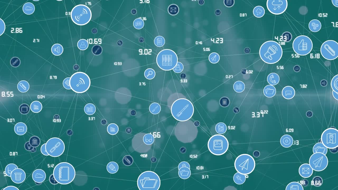 Network of digital icons over white spots of light floating against green background