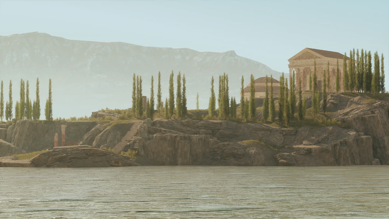 Ruins of an ancient roman temple surrounded by scenic nature by the water