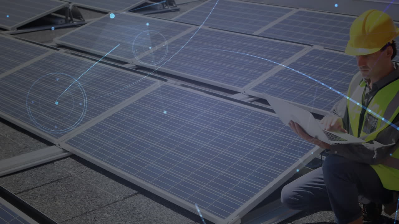 Animation of network of connections over solar panels and male engineer in background