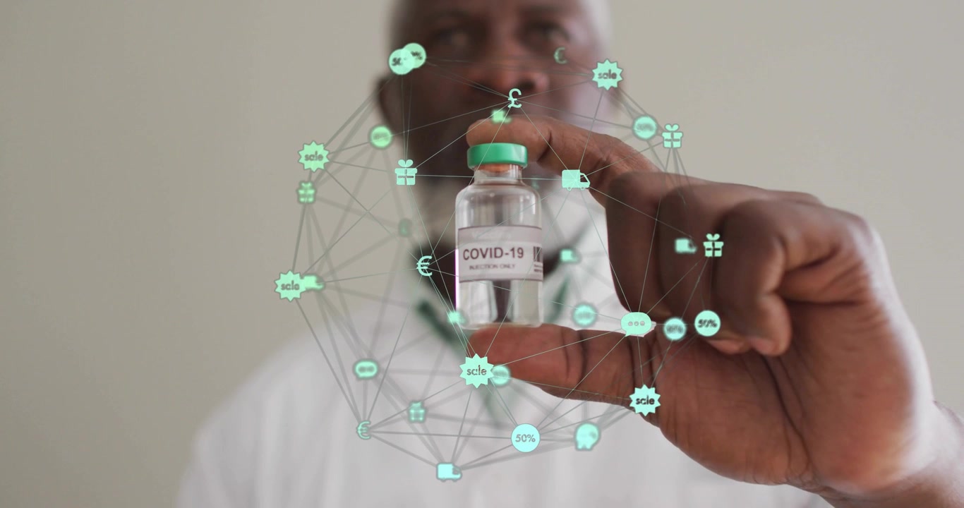 Mandlig forsker løfter vaccinehætteglas, danner roterende digitale netværksikoner der viser sundhedsdata.
