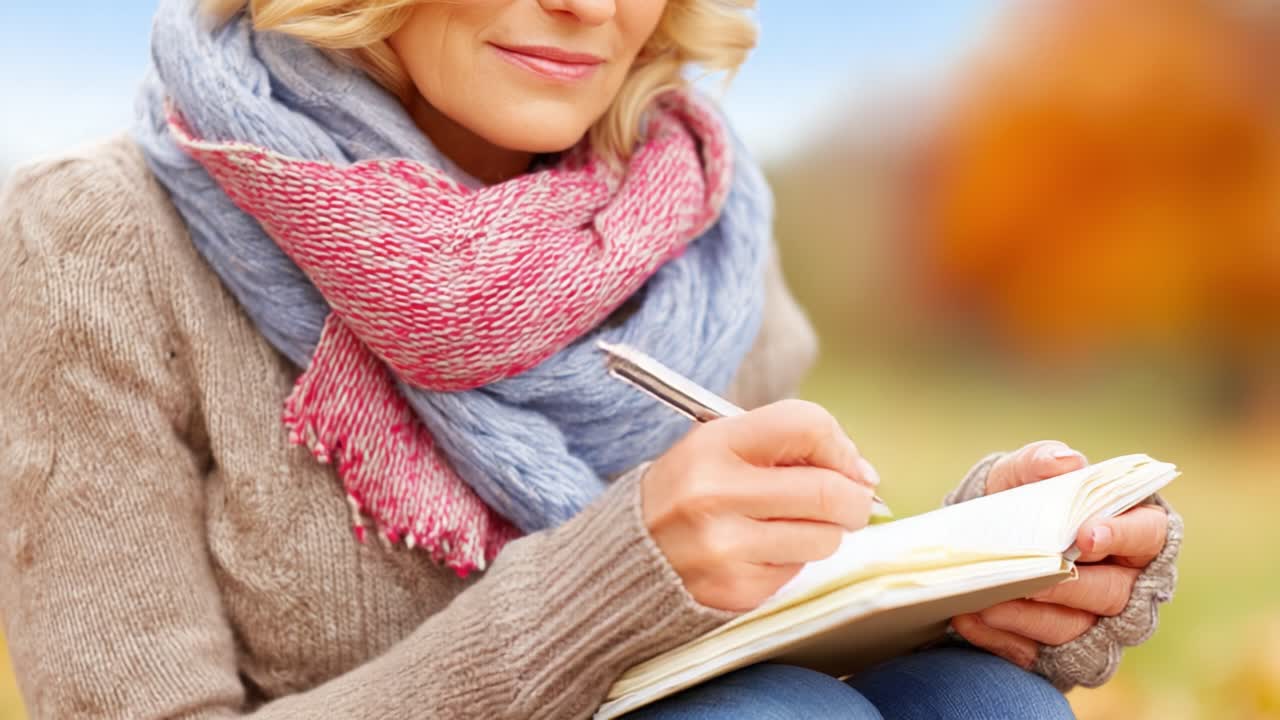 Una donna riflessiva si gode la scrittura nel suo quaderno, avvolta in una sciarpa accogliente e circondata dai colori caldi dell'autunno sullo sfondo