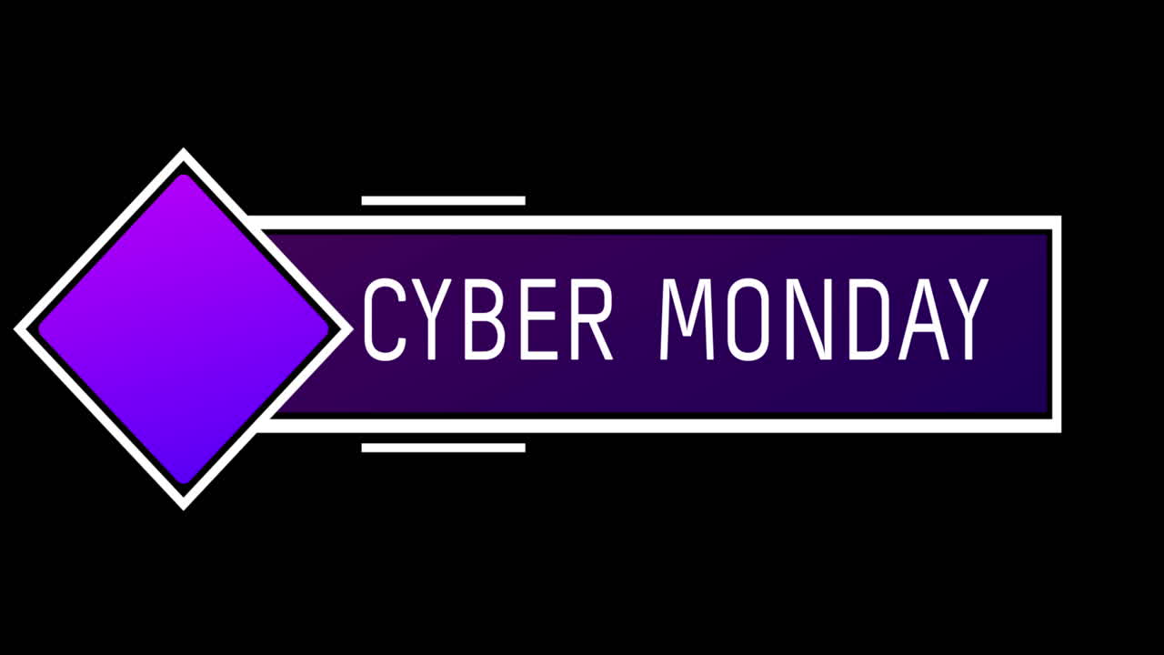 texto blanco y púrpura de cyber monday que aparece contra una pantalla negra