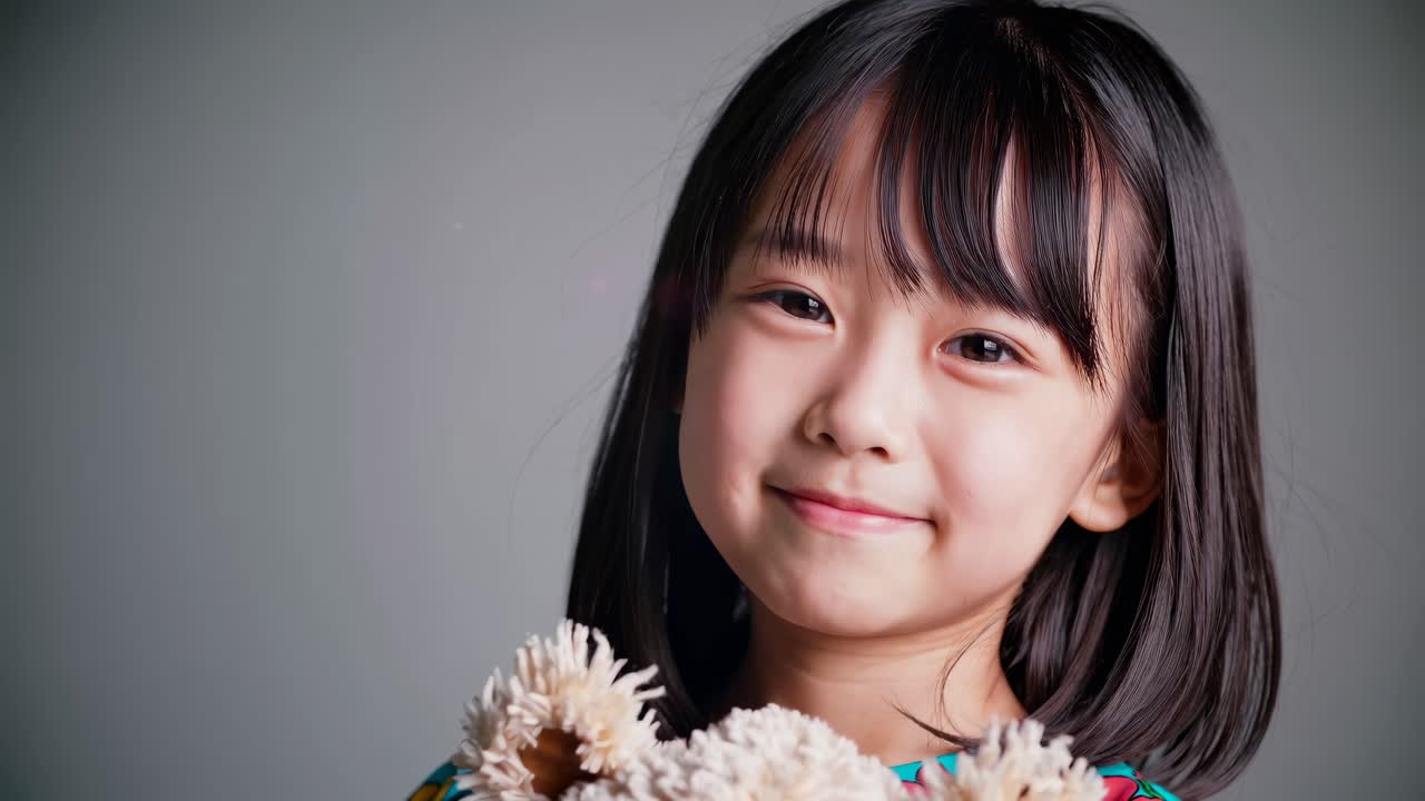 A joyful child holding a teddy bear, captured in a close-up shot with a soft focus and bright