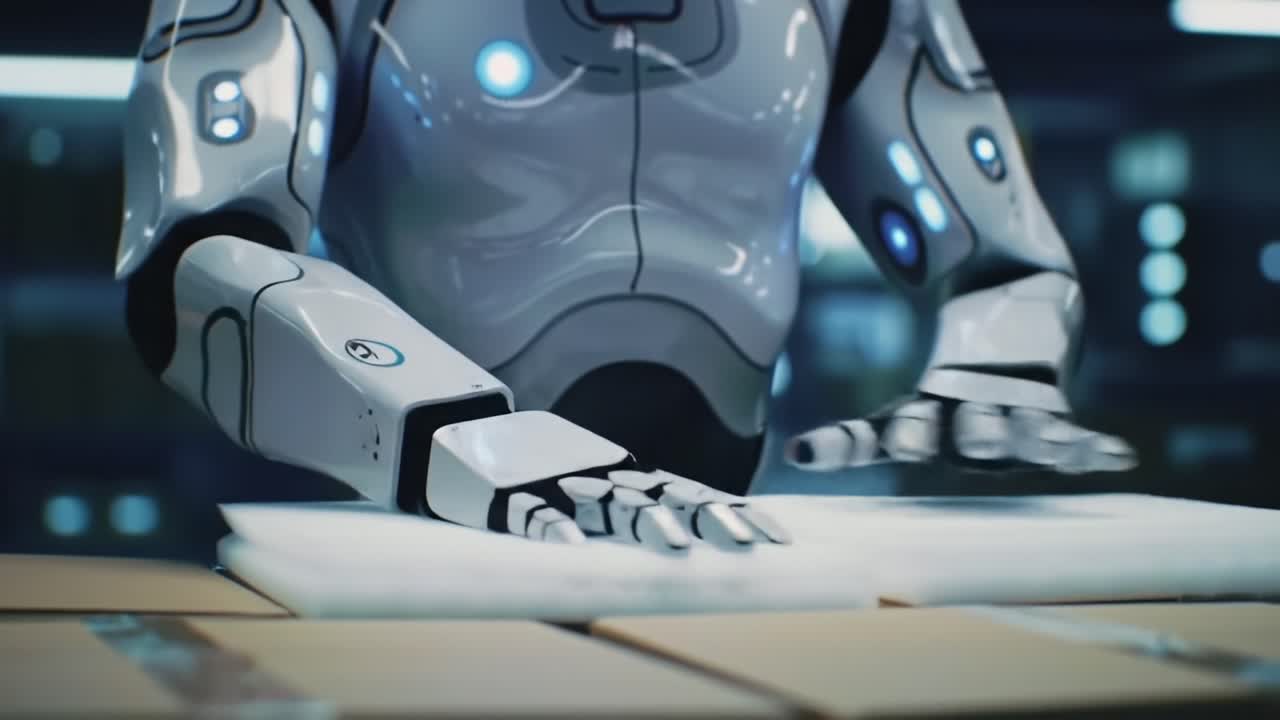 Advanced Robotic Arm Engaged in Precision Handling of Packaging Materials in a High-Tech Warehouse Environment Demonstrating Automation and Efficiency